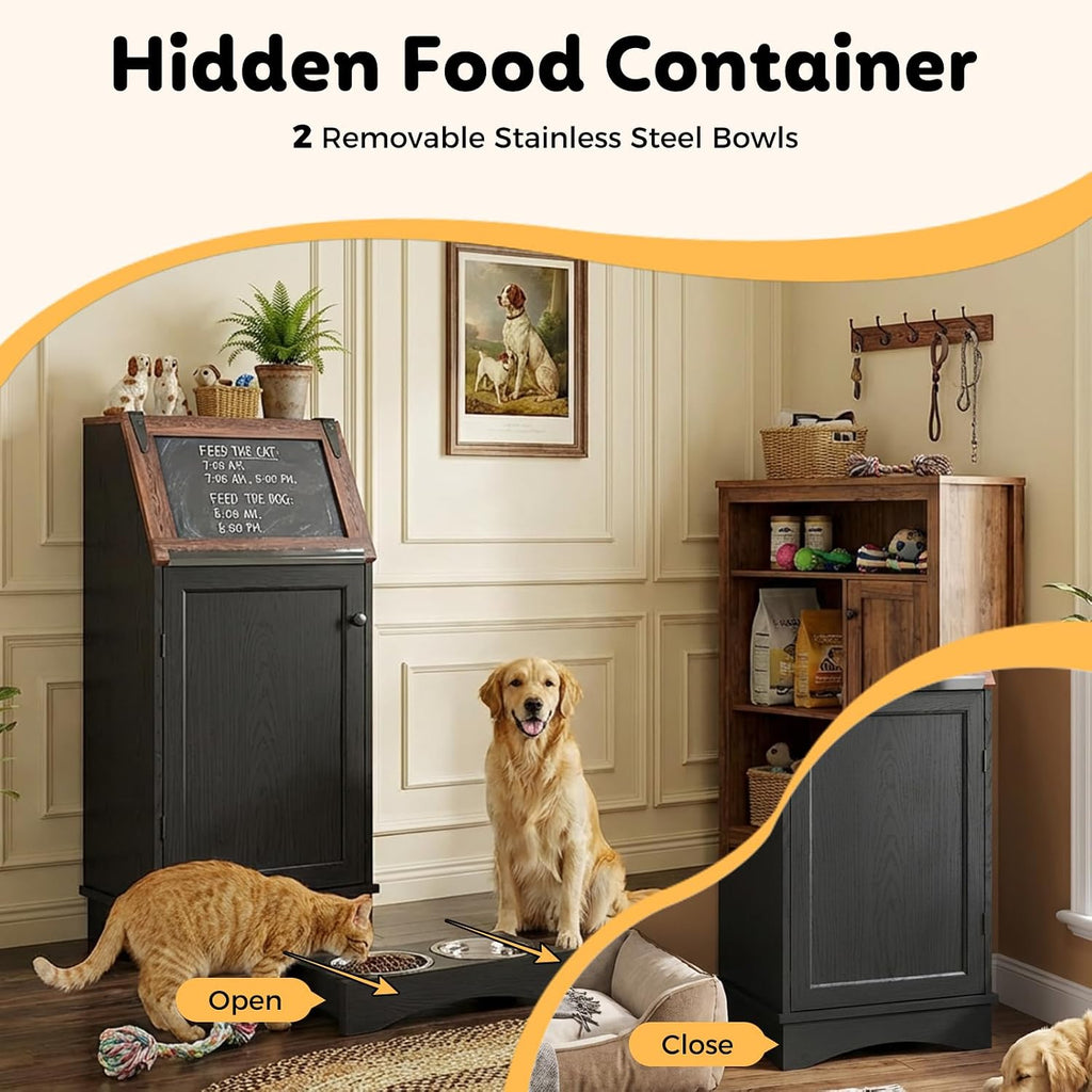 Dog Food Feeding Station with Storage, Pet Food Storage Cabinet with Bowls and Flip-Top Blackboard, Hidden Trash Can