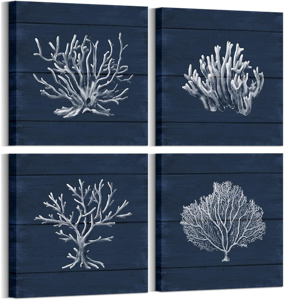 Coral Canvas Wall Art Prints Ocean Navy Blue Coastal Artwork Beach Home Decor Picture Framed Ready to Hang 12"x12"x4