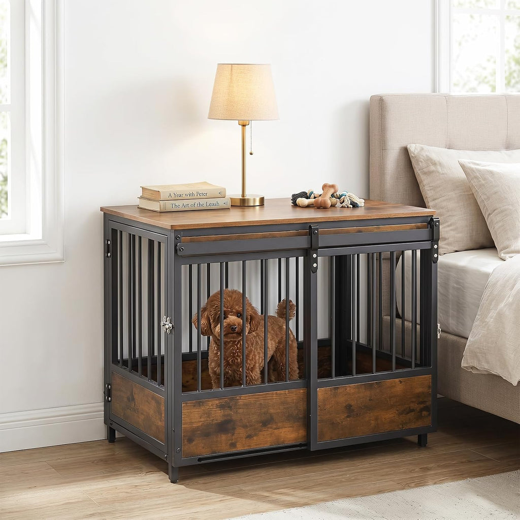 32.5" Dog Crate Furniture with Sliding Barn Door, Wooden Dog Kennel