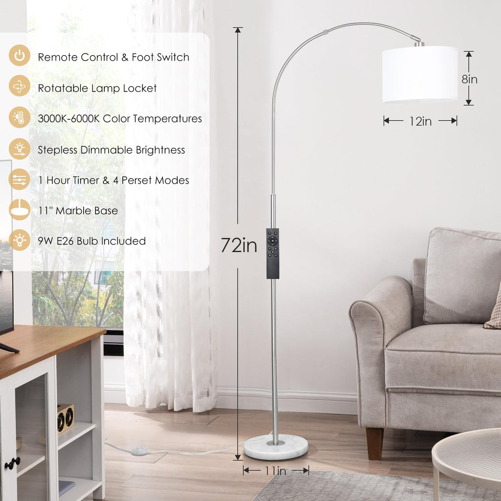 Dimmable Arc Floor Lamp, Remote & Foot Switch, Adjustable Shade