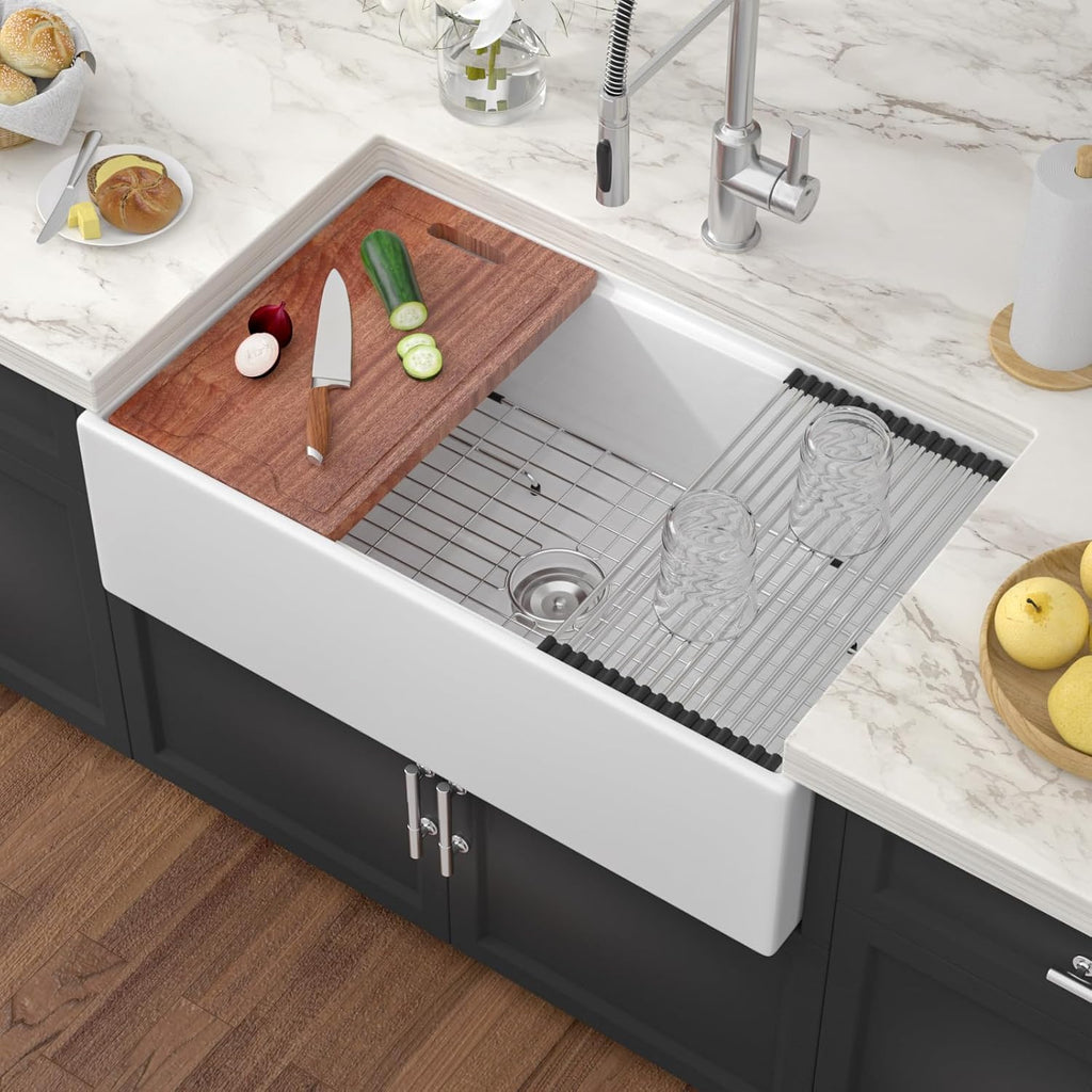 33" White Fireclay Farmhouse Sink Workstation | Reversible Apron Front, Single Bowl, Engineered with Sloped Bottom