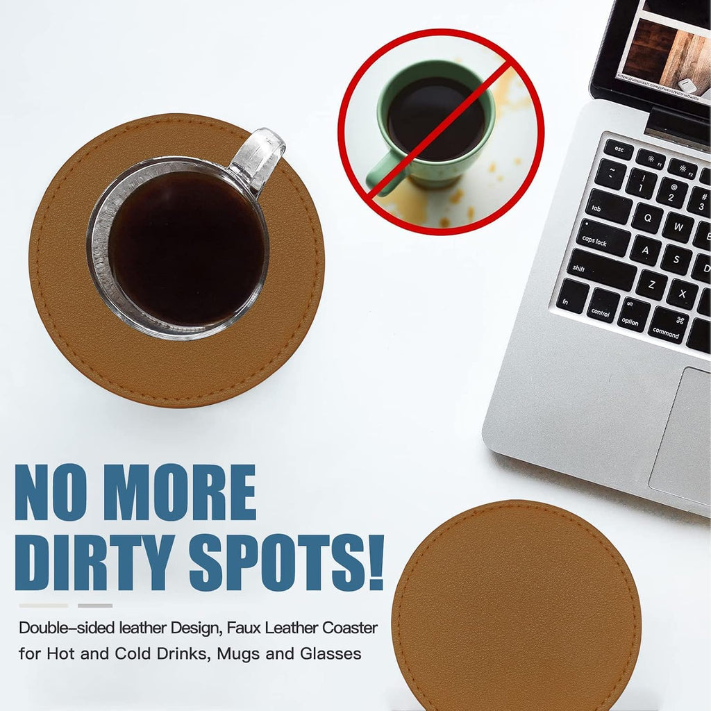 Coasters Soft Leather Drink Coaster Round Coaster with Sewing Around, Suitable for Various Cups, Wooden - Set of 6