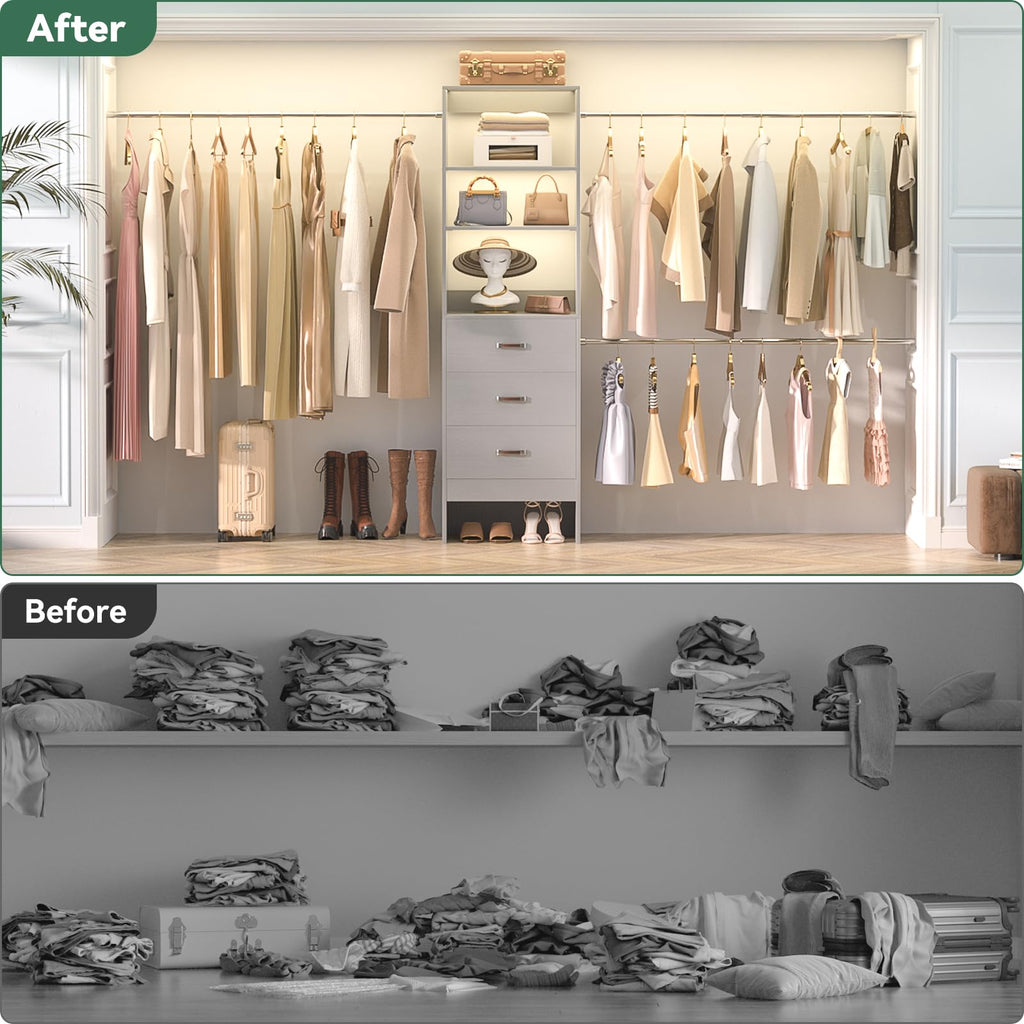 96'' Closet Organizer System with 3 Hanging Rods, 8FT Closet Organizers and Storage with 3 Wooden Drawers, Built in