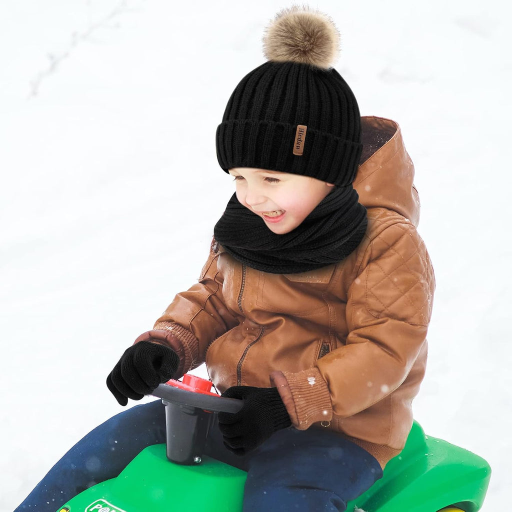 Kids Winter Hats Gloves Scarf Set Touchscreen Glove With Removable Pompom Fleece Lined Toddler Beanie Hat for Boy Girl