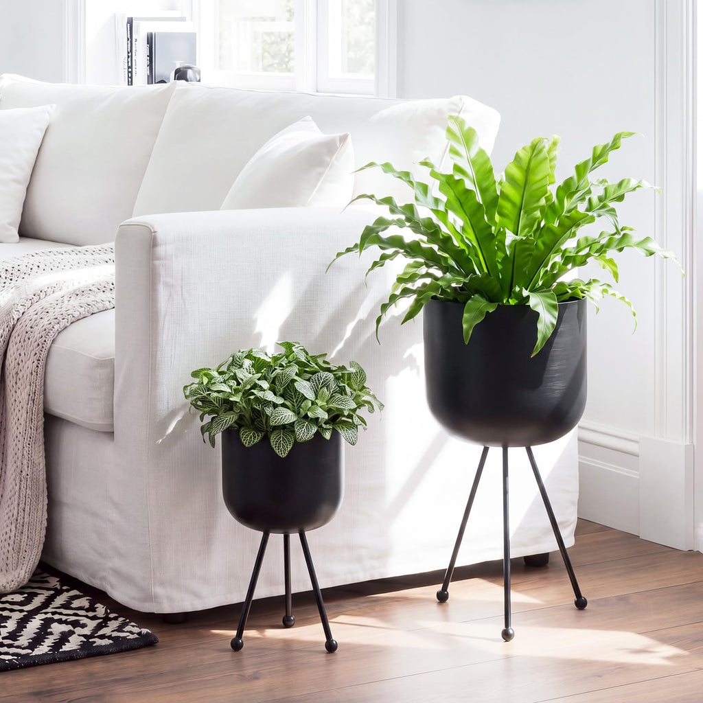 2 Pack Mid Century Modern Metal Planter with Stand, Black