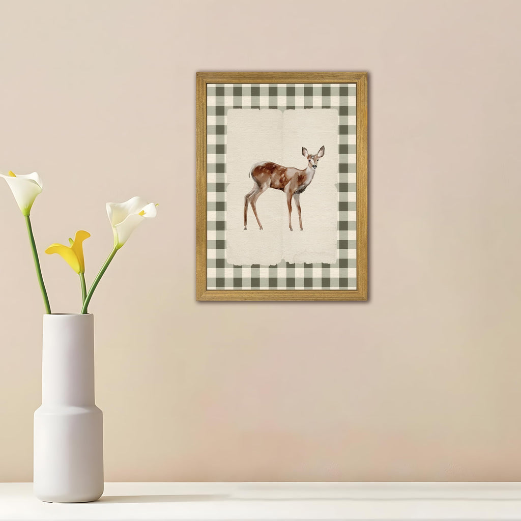 Wood Framed Deer Wall Art Print, Woodland Baby Deer Canvas Poster Wall Decor, Vintage Rustic Green Gingham Farmhouse