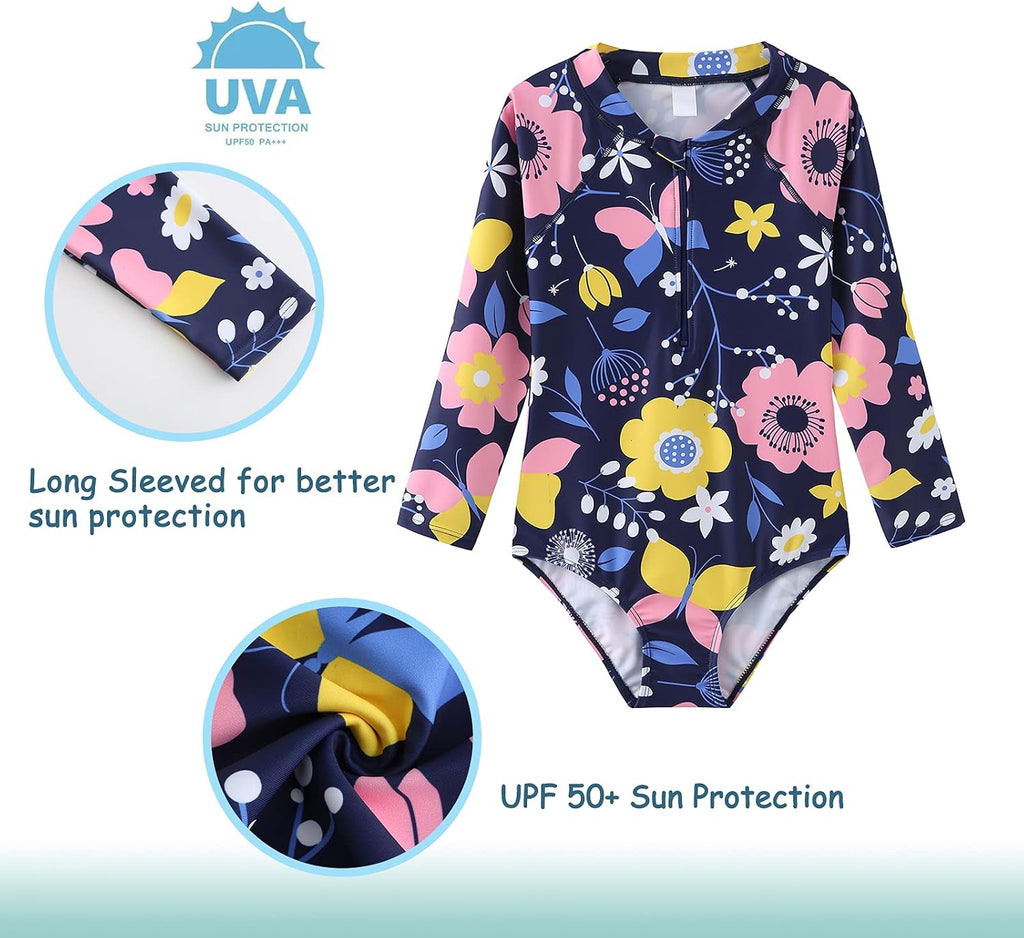 Girls One Piece Swimsuits Long Sleeve Rash Guard for Kids Girls Hawaiian Swim Shirts UPF 50+ Sun Protection