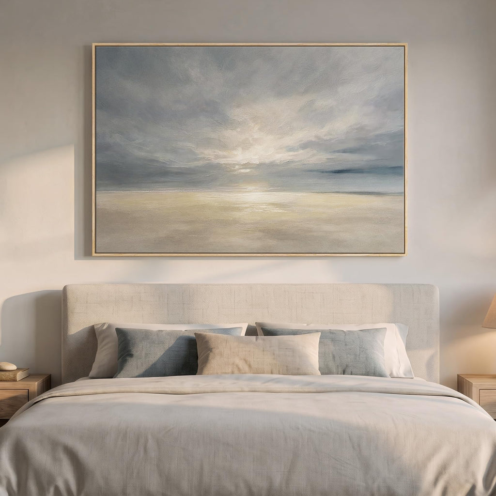 Extra Large Framed Beige Blue Coastal Abstract Wall Art, Horizontal 60x40