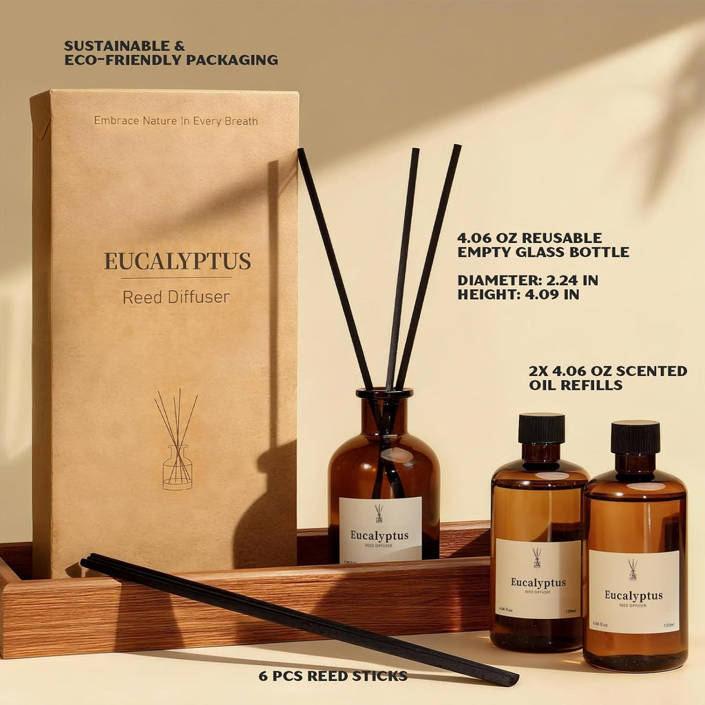 Reed Diffuser Set, 8.12 fl.oz Eucalyptus Scented Diffuser with Sticks, Up to 120 Days, Home Fragrance Reed Diffuser - Set of 2