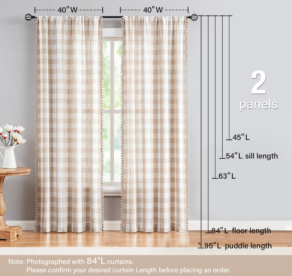 Buffalo Check Curtains 84" Pom Pom Farmhouse Gingham Drapes