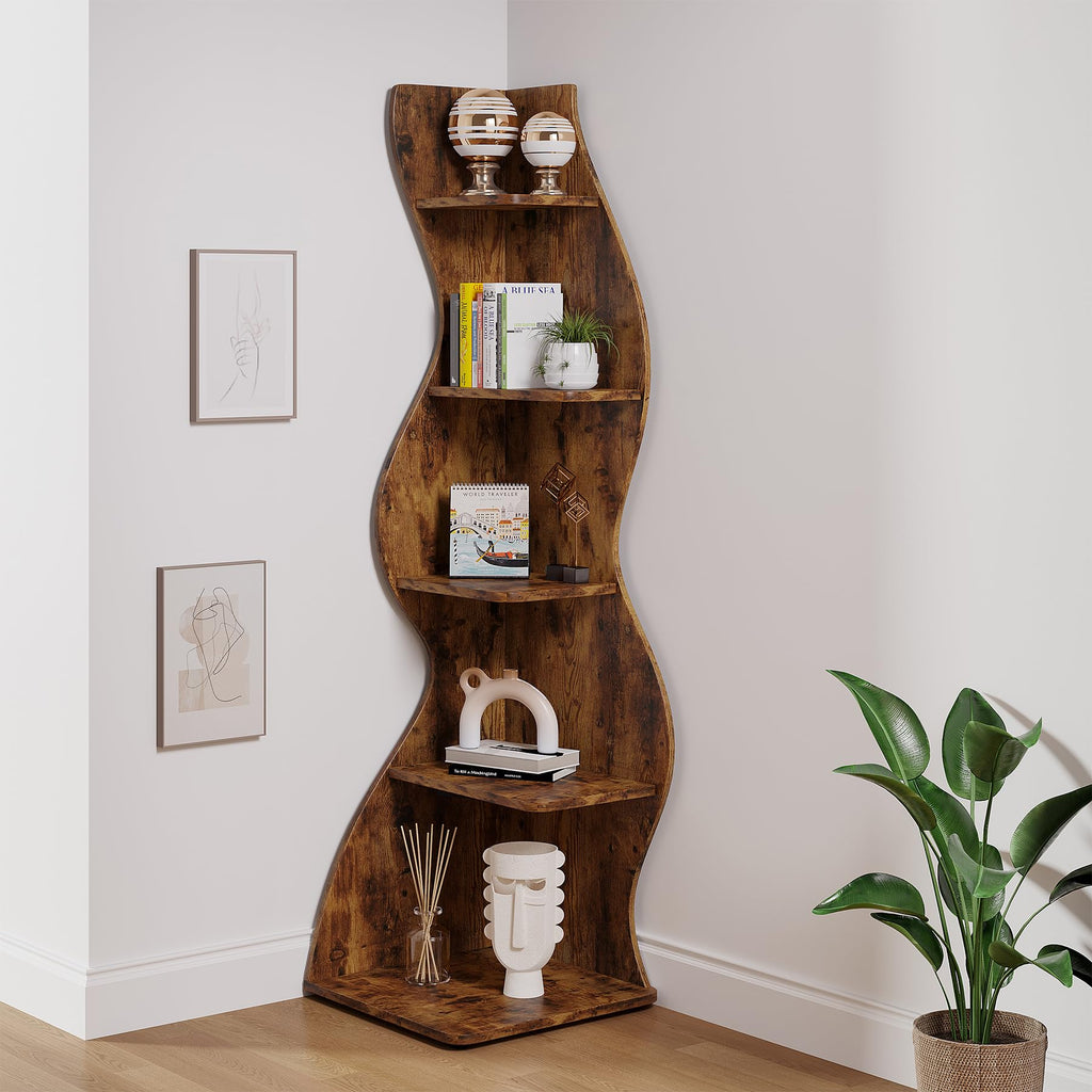 Corner Shelf, Rustic 5-Tier Wall Corner Bookshelf, Stylish Corner Small Bookcase Storage Rack Plant Stand with Unique