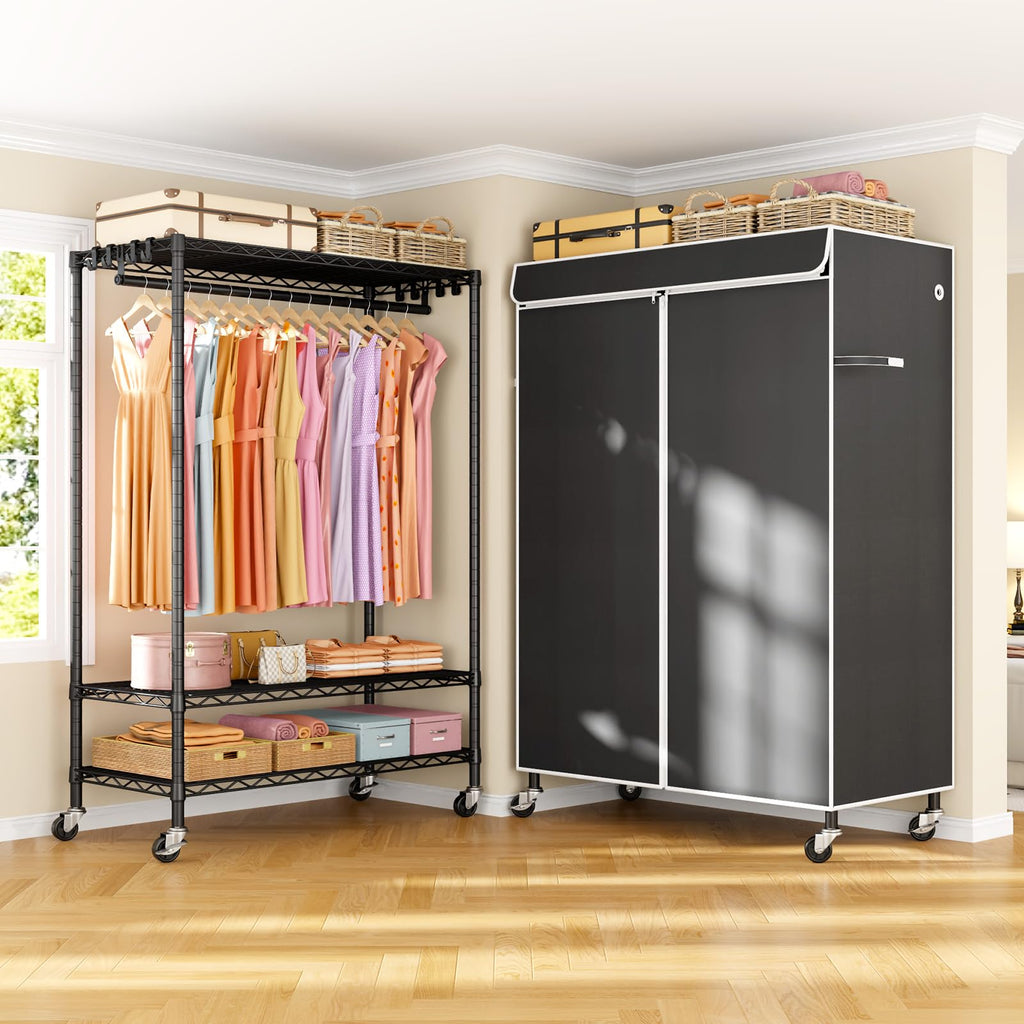 P6C Plus Rolling Clothes Rack with Cover, Covered Clothing Rack