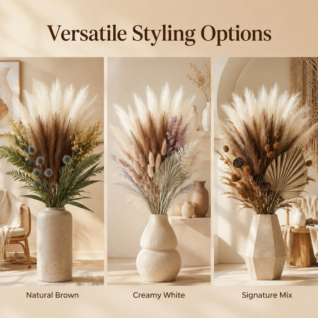 Artificial Pampas Grass, 9 Pcs 45" Mixed Color Off-White & Brown