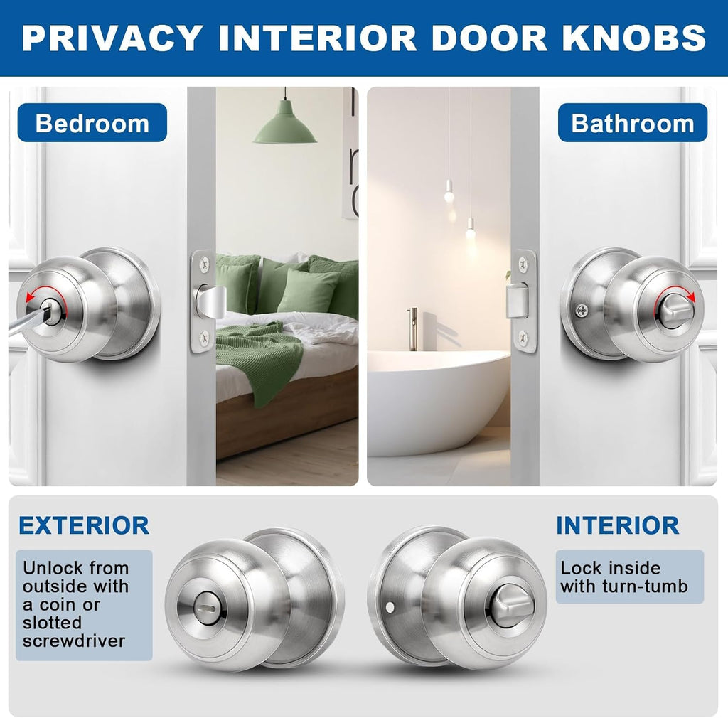 Privacy Door Knob, 5 Pack Brushed Nickel Round Keyless Doorknobs