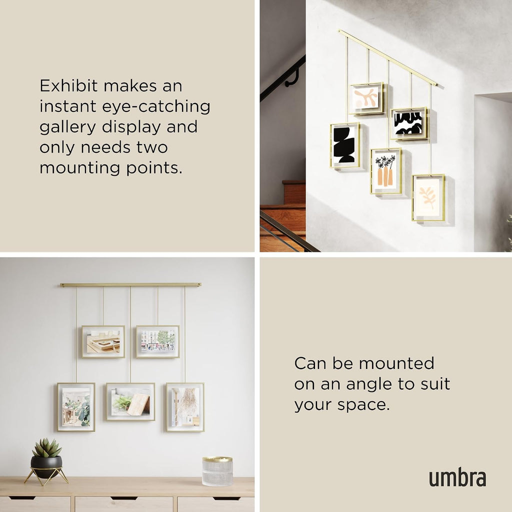 Exhibit Picture Frame Set, Adjustable Wall Mount, Set of 5, Brass | Steel construction, customizable layout
