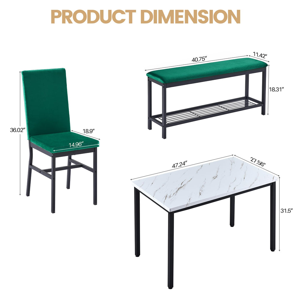 Dining Table Set for 4, Faux Marble Kitchen Table, Kitchen Table Chairs Set with Velvet Chairs, Bench with Storage Net
