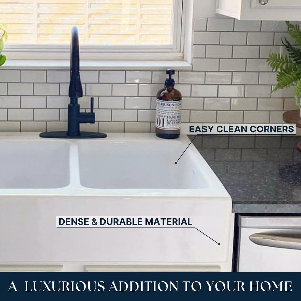 Parker 34 in White Fireclay Farmhouse Sink, Double Bowl | Quick-Fit drop-in apron front, no countertop removal