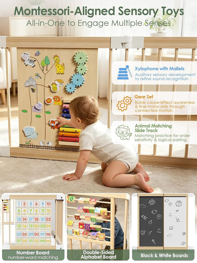 Foldable Baby Gate Playpen, Wooden Play Yard for Babies and Toddlers | Child-Safe Lock, Pre-Assembled for Quick