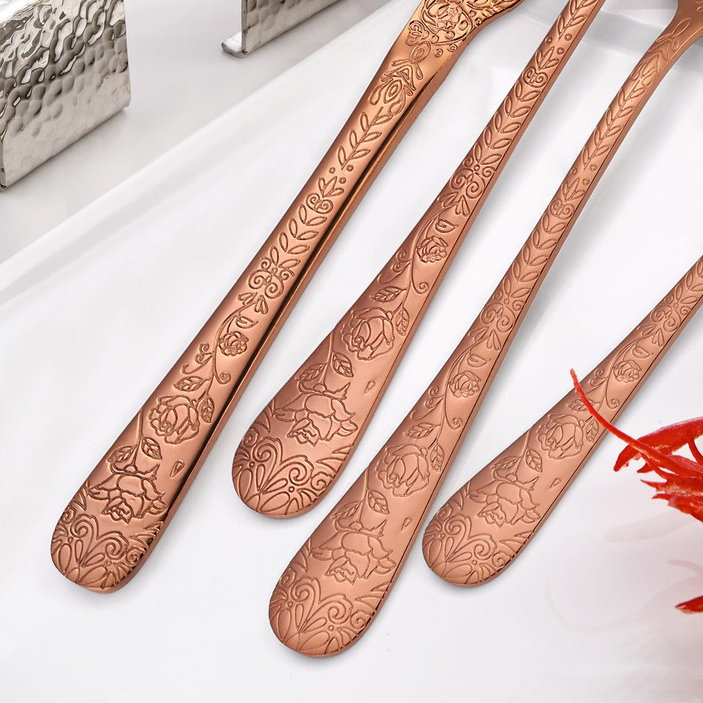 Vintage Flatware Copper/Rose Gold Floral Silverware 30 Piece Stainless Steel Set for 6 Cutlery Utensils Unique