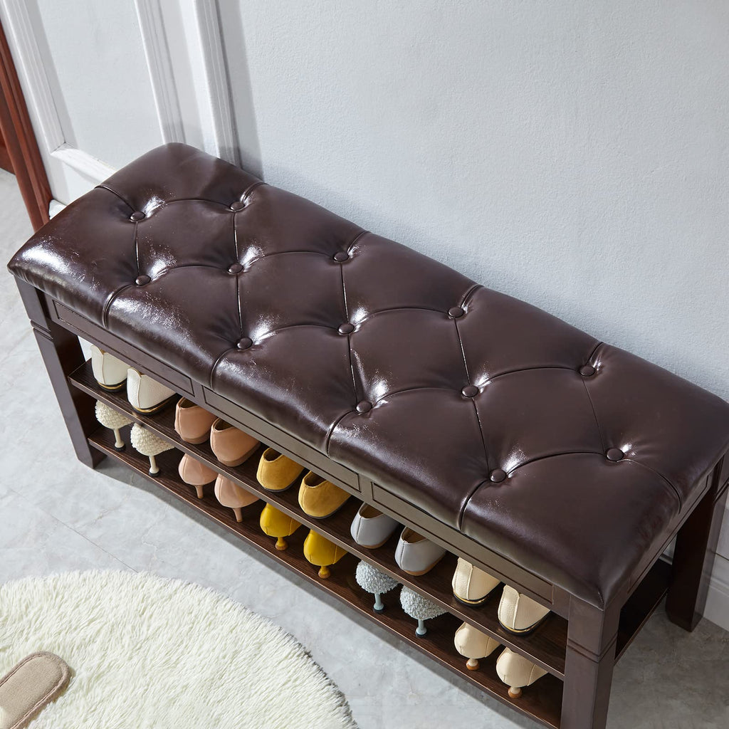 Shoe Bench, Storage Rack Organizer with Cushion 2 Tier Lift Top Shoe Rack Living Room Bedroom Hallway Wooden