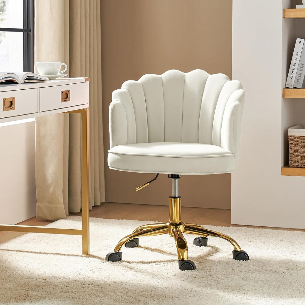Velvet Home Office Desk Chair with Gold Base, Adjustable Swivel Task Chair for Vanity, Women's Modern Cute Shell Back
