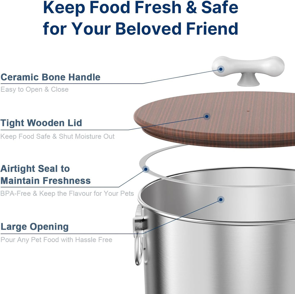 25 Lbs Stainless Steel Dog Food Storage Container with Airtight Wooden Lid & Ceramic Bone Handle, Large Metal Dog