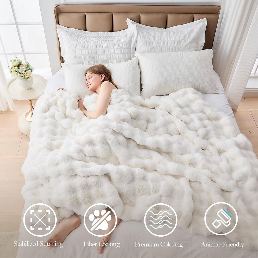 Faux Fur King Blanket for Couch, 1000 GSM Cozy Fuzzy Fluffy Soft Plush Thick Bubble Sherpa Blanket for Sofa Bedroom