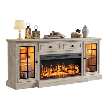 Fireplace TV Stand Up to 80" TVs, 70'' Modern Entertainment Center with 36" Electric Fireplace & LED Lights