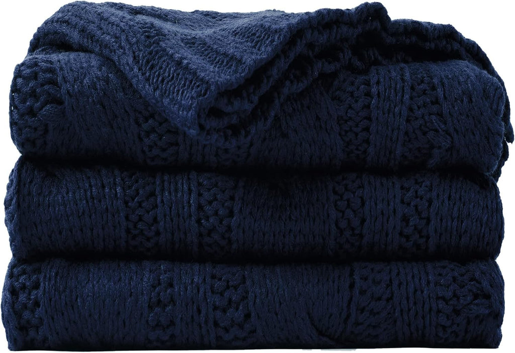 Navy Cable Knit Throw Blankets, Super Soft Warm Cozy Decorative Knitted Throw Blanket, Chair 50"x60"