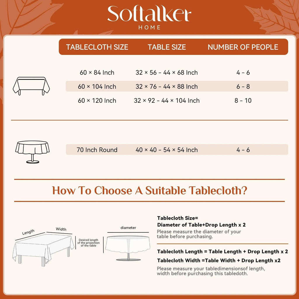 Faux Linen Round Fall Tablecloth 70 Inch, Autumn Table Cloth with Pumpkin & Maple Leaves, Orange Circle Table Cover