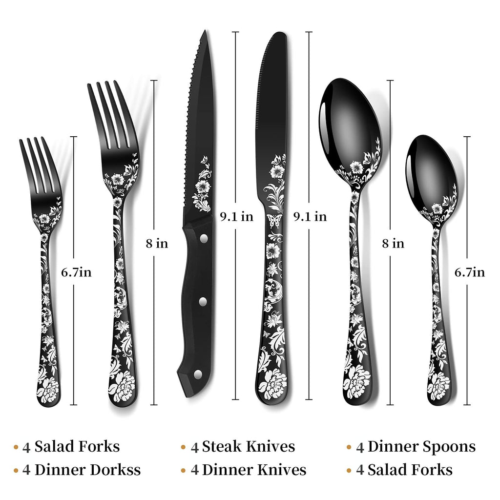24-Piece Black Silverware Set with Steak Knife, Black Flatware Sets for 4, Stainless Steel Cutlery Set Includes Forks