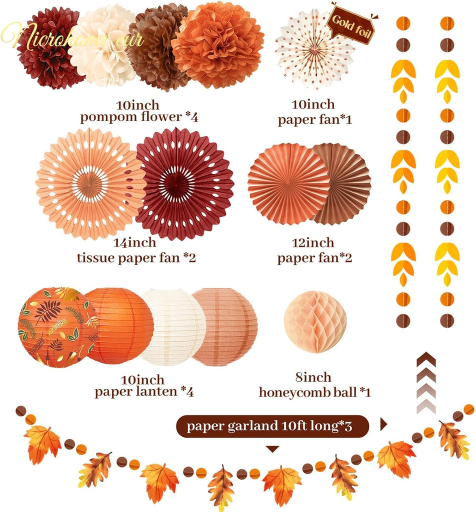 Fall Thanksgiving Decor with Pom Poms Lanterns Fans Garlands - Set of 21