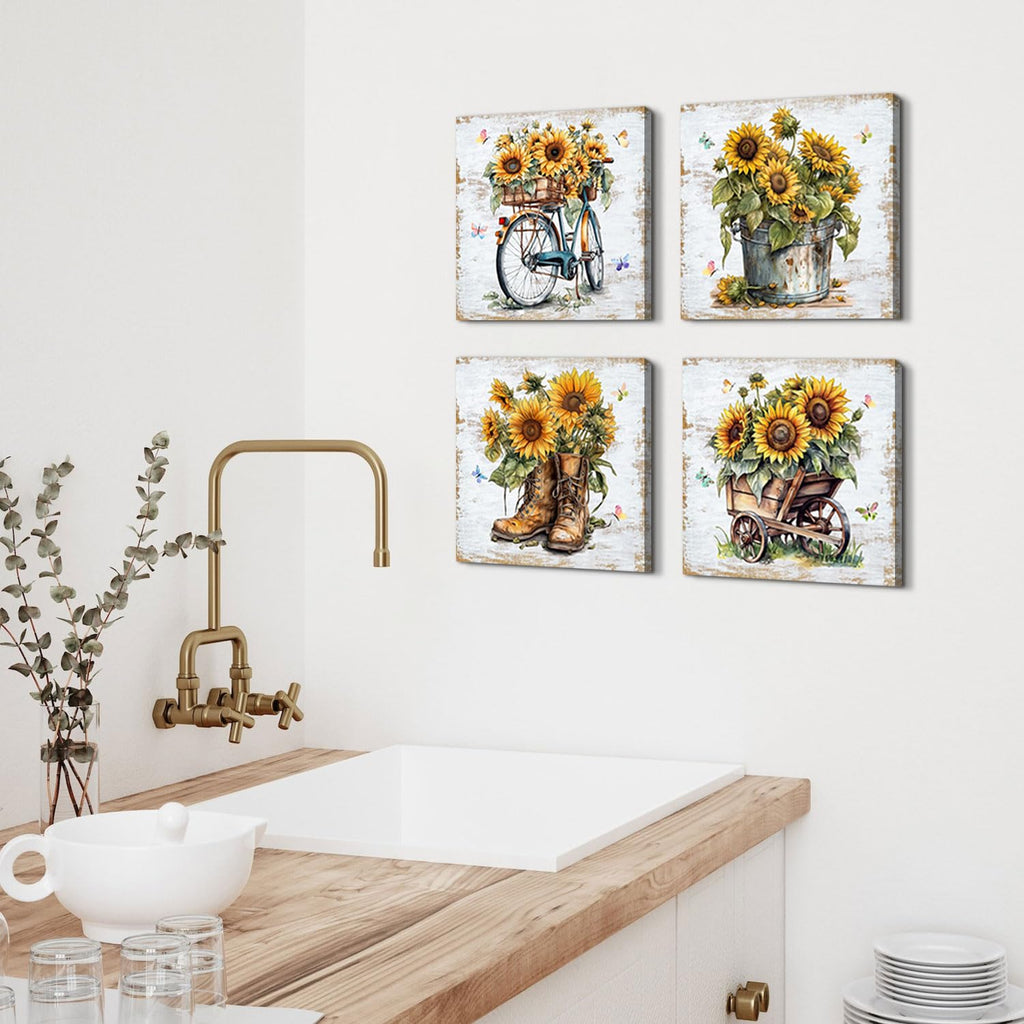 Rustic Sunflower Wall Art Farmhouse Bicycle Boots Truck Sunflower Picture Cowboy Wall Decor Vintage Country