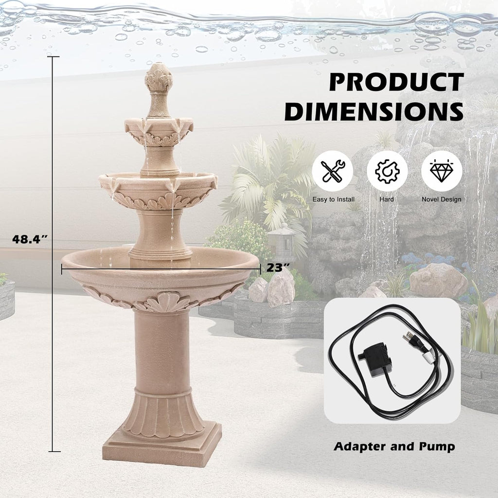Italian Outdoor Water Fountain, 48.4" H Bubbler Garden Waterfalls Fountains, 3 Tiered Roman Pillar Floor Water