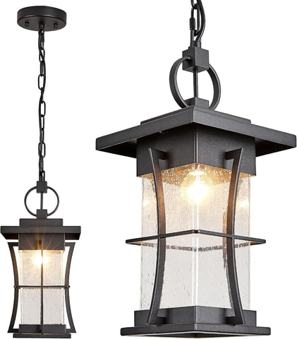 Outdoor Pendant Light, 14" H Large Hanging Lantern with Seeded Glass