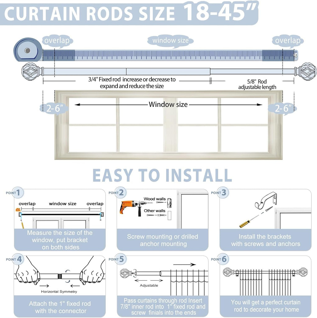 White Decorative Farmhouse Curtain Rod: Heavy Duty Single Window Curtain Rod for Bedroom Living Room