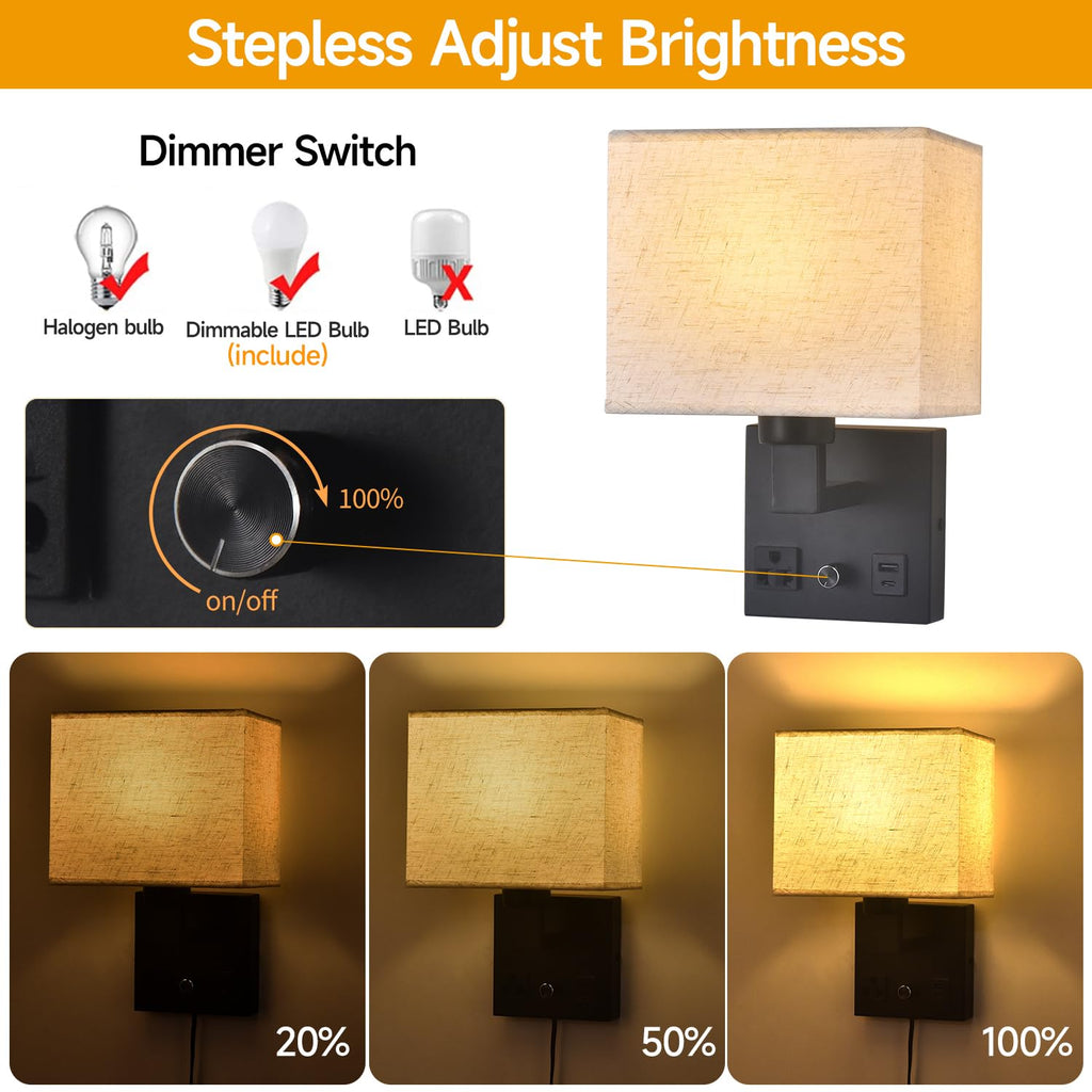 Bedside Wall Lamp, Plug in Wall Sconce - Dimmable Switch with AC Outlet & USB Charging Port, Fabric Shade, Black
