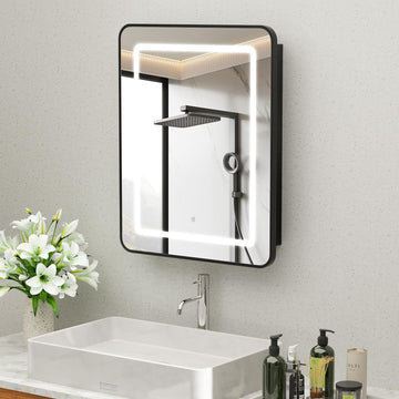 20x30in Black Medicine Cabinet Mirror, Left Hinge Lighted Cabinet