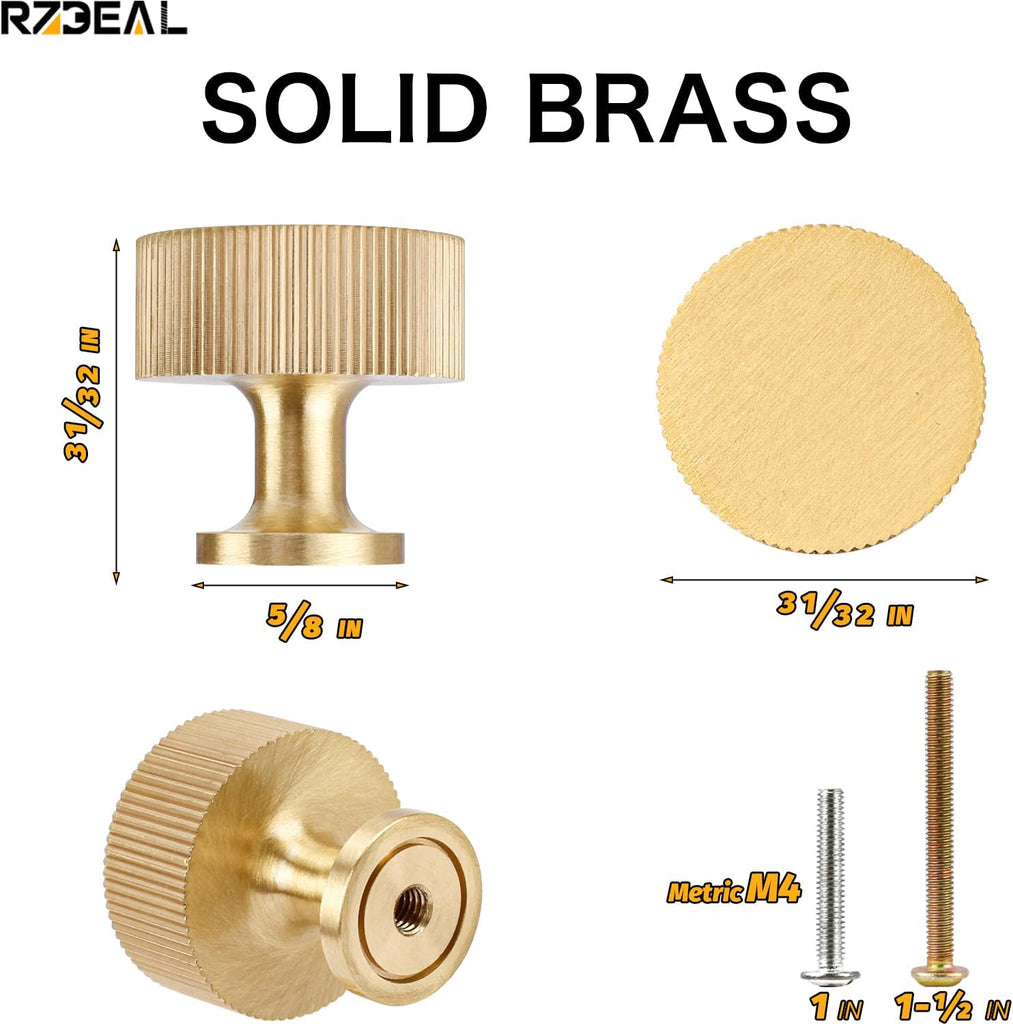 6pcs Solid Brass Cabinet Knobs Pulls Cabinet Drawer Dresser Gold Knobs Modern Handles (1"x1"/25mmx25mm),Brushed Brass