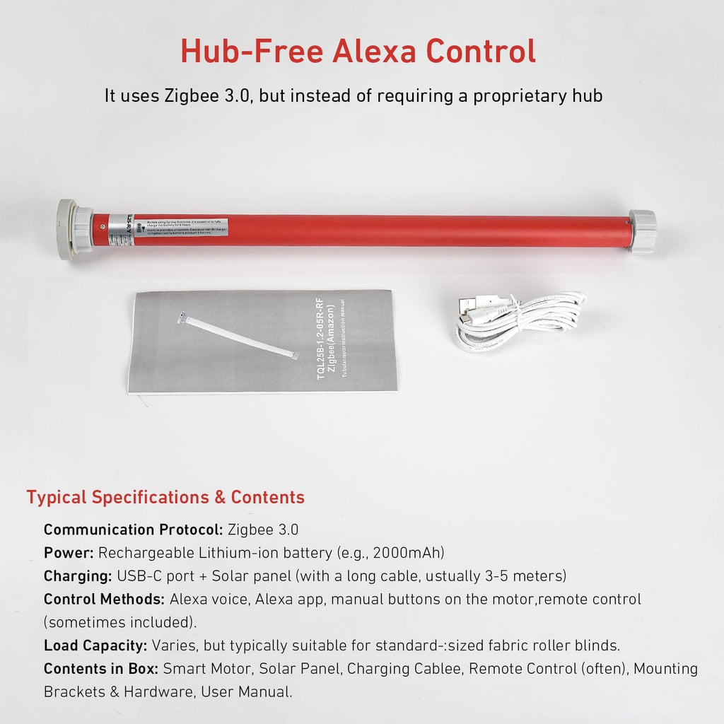 Zigbee Smart Motor for 1-1/2"(38mm) Roller Tube, Roller Blinds Motor with Hub-Free Alexa Control, Rechargeable &