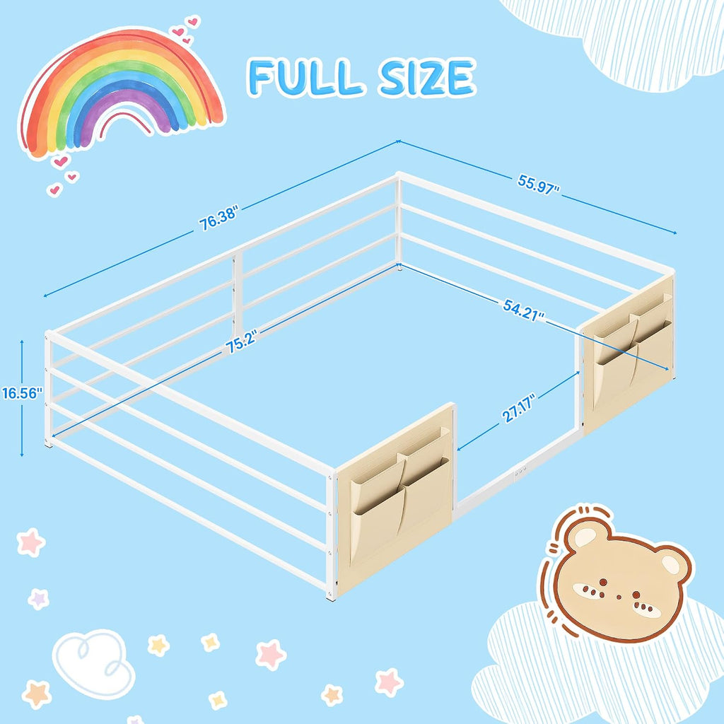 Floor Bed for Kids with Safety Guardrails and Bedside Caddy