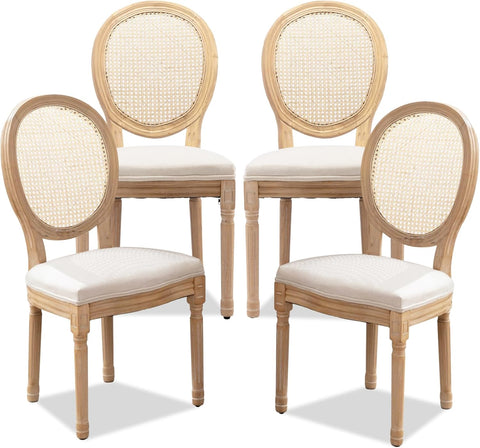 French Country Dining Chairs Set of 4, Farmhouse Rattan Dining Chairs with Round Back for Kitchen or Bedroom, Beige