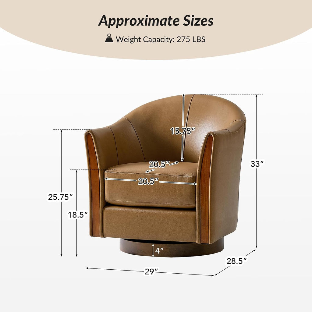 Genuine Leather Swivel Accent Chair with Wood Base, Camel