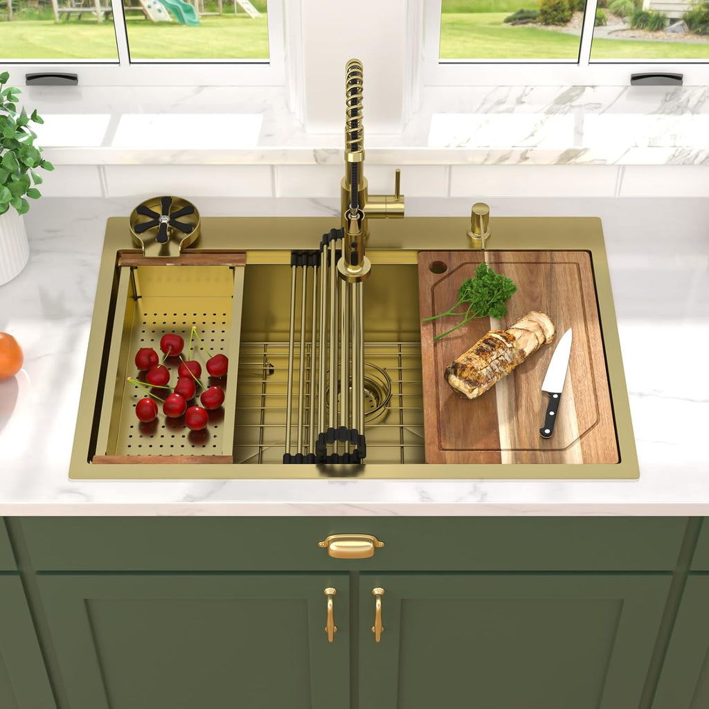 30x22 Gold Drop Sink with Faucet, Workstation 16 Gauge T-304 Stainless Steel Single Bowl Topmount Kitchen Sinks with