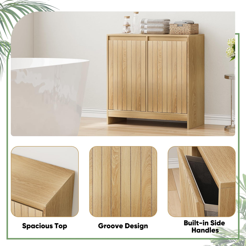Double Tilt Out Laundry Hamper Cabinet, Hidden Laundry Cabinet with Double Baskets, Natural Trash Can