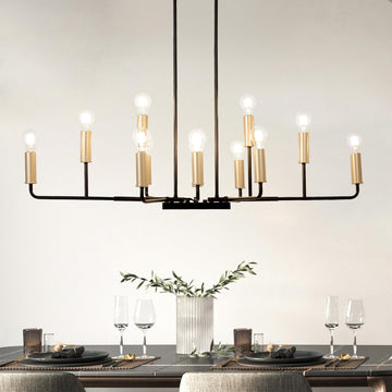 48" Large Black and Gold Chandelier, Modern 12-Light Linear Chandeliers Dining Room Light Fixtures Industrial Kitchen