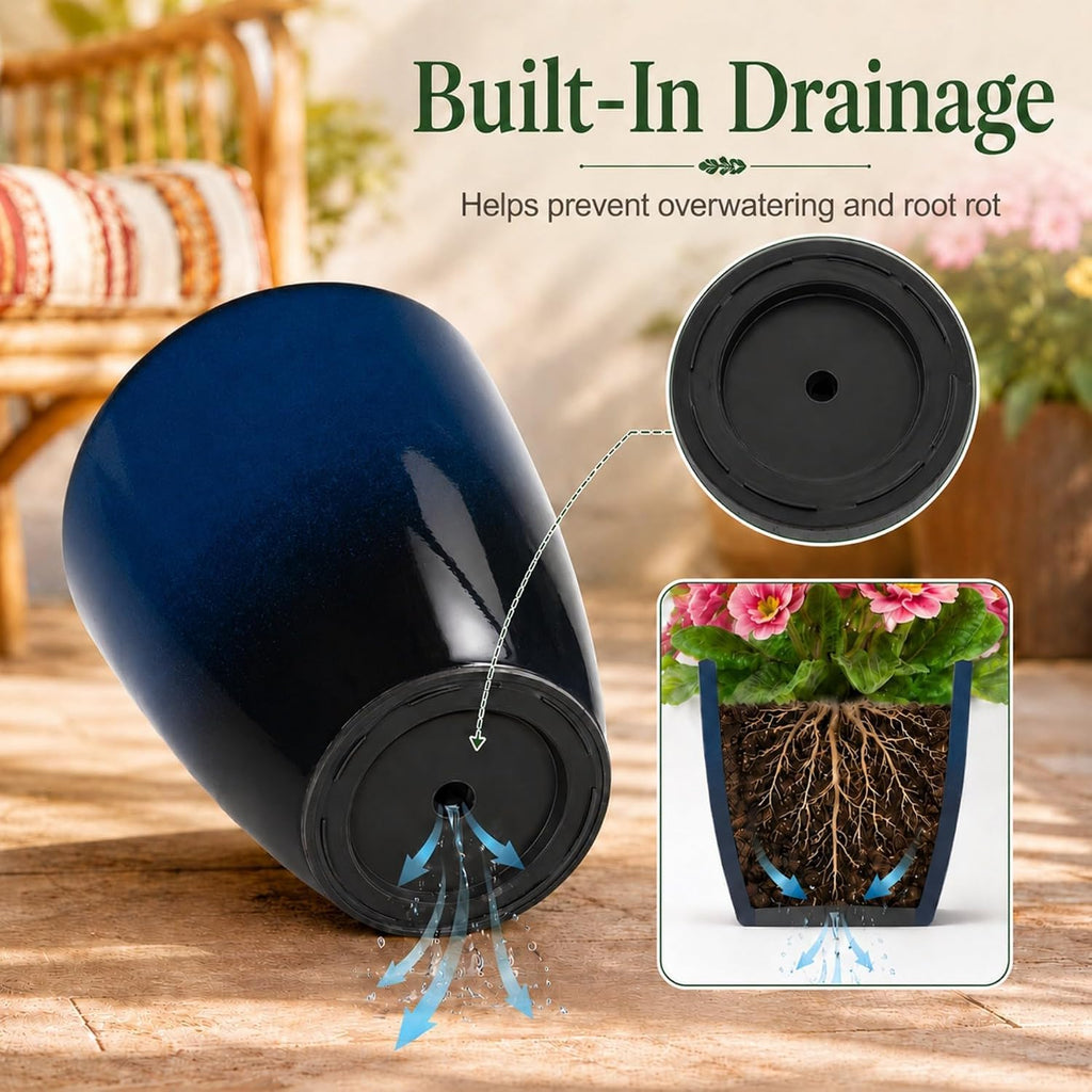 Set of 2 Tall Planter, 21 inch Large Plastic Planter, Dark Blue