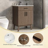 24-Inch Bathroom Vanity with Sink – Modern Single Basin Cabinet with Soft-Close Doors and Metal Handles, Brown