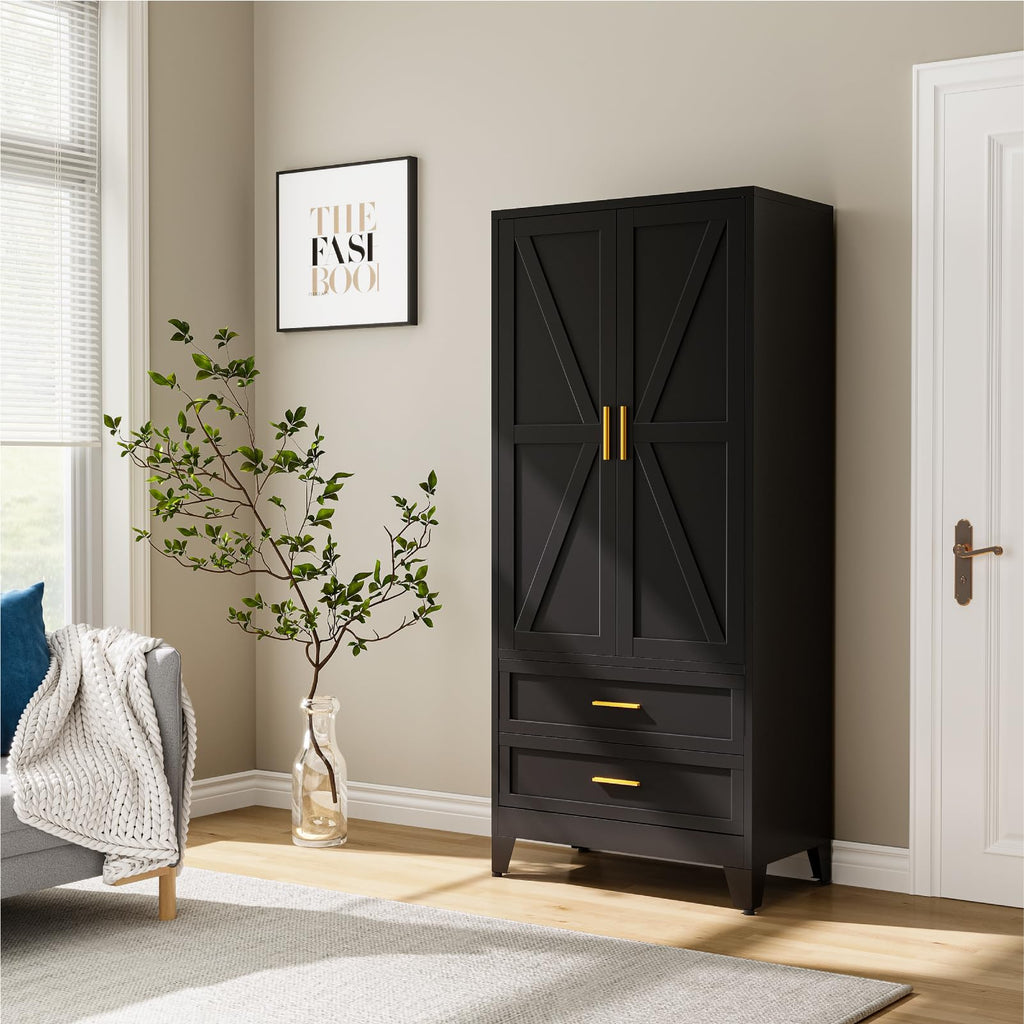 71" Metal Armoire Wardrobe Closet with Hanging Rod, Black-X 2 Drawers