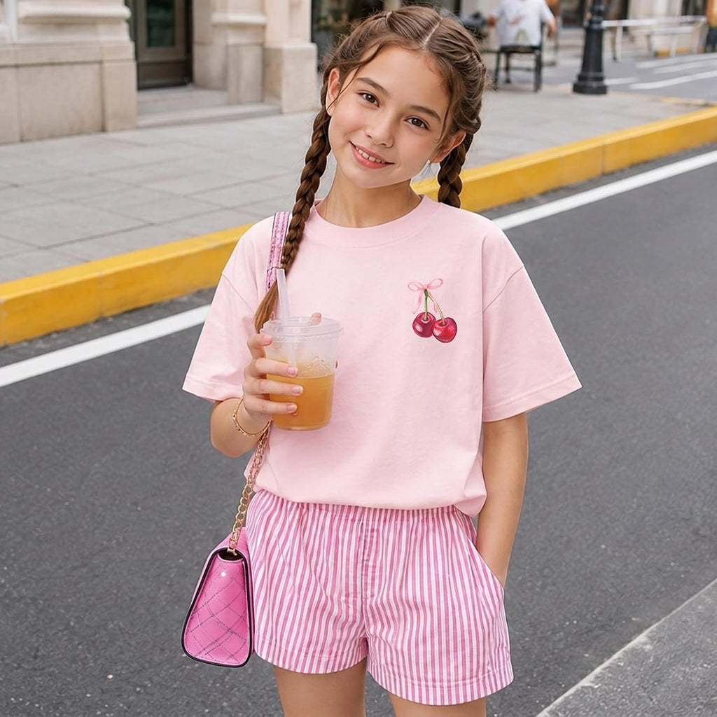 Girls Cute Graphic Tees Kids Bow Cherry Shirt Aesthetic Short Sleeve T Shirts Casual Summer Crew Neck Top Clothes